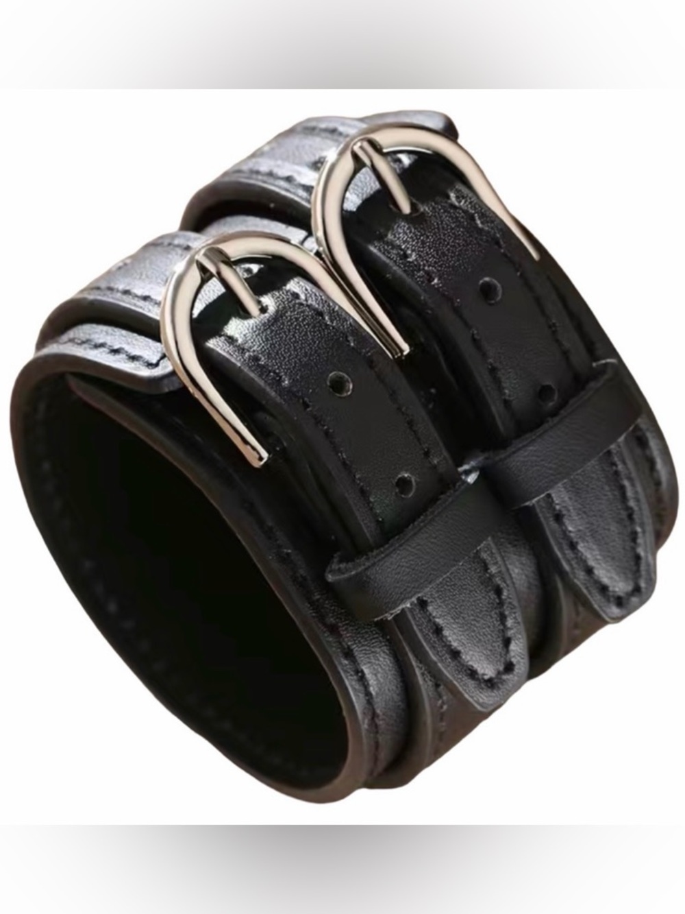 Cuff Bracelet 10.7” Double Buckle Black Faux Leather